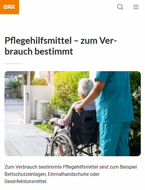 DAK-Gesundheit Website: Informationen zu Pflegehilfsmitteln