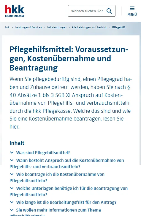 Screenshot hkk Krankenkassen-Webseite