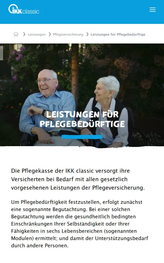 IKK classic Pflegehilfsmittel-Seite