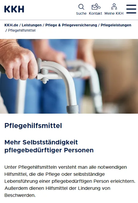 KKH Kaufmännische Krankenkasse — Pflege-Bereich der Website