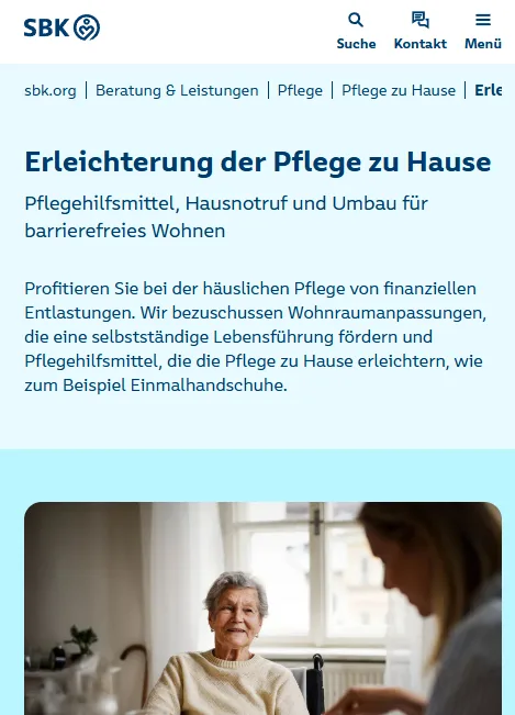 Screenshot SBK Siemens-Betriebskrankenkasse Pflege-Bereich
