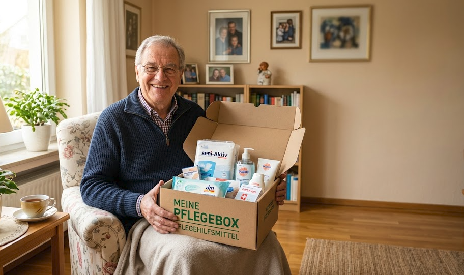 Ein älterer Herr sitzt lächelnd in einem Sessel und hält eine Pflegebox mit verschiedenen Pflegeartikeln.
