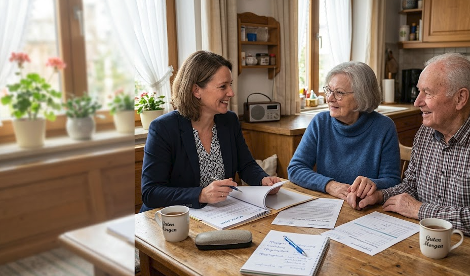Drei Personen sitzen an einem Tisch und besprechen Dokumente. Eine Frau in einem blauen Blazer hält ein Blatt Papier und lächelt.