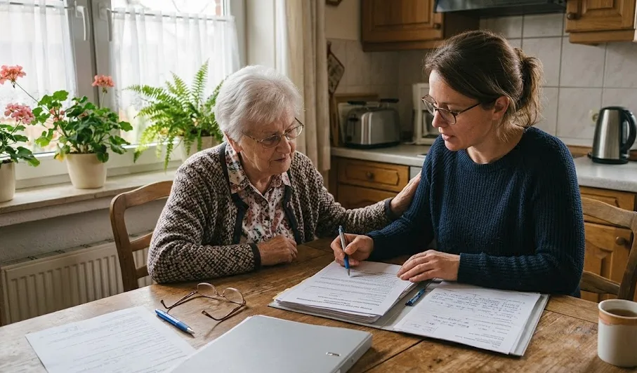 Angehörige unterstützt Seniorin bei den Pflege-Unterlagen