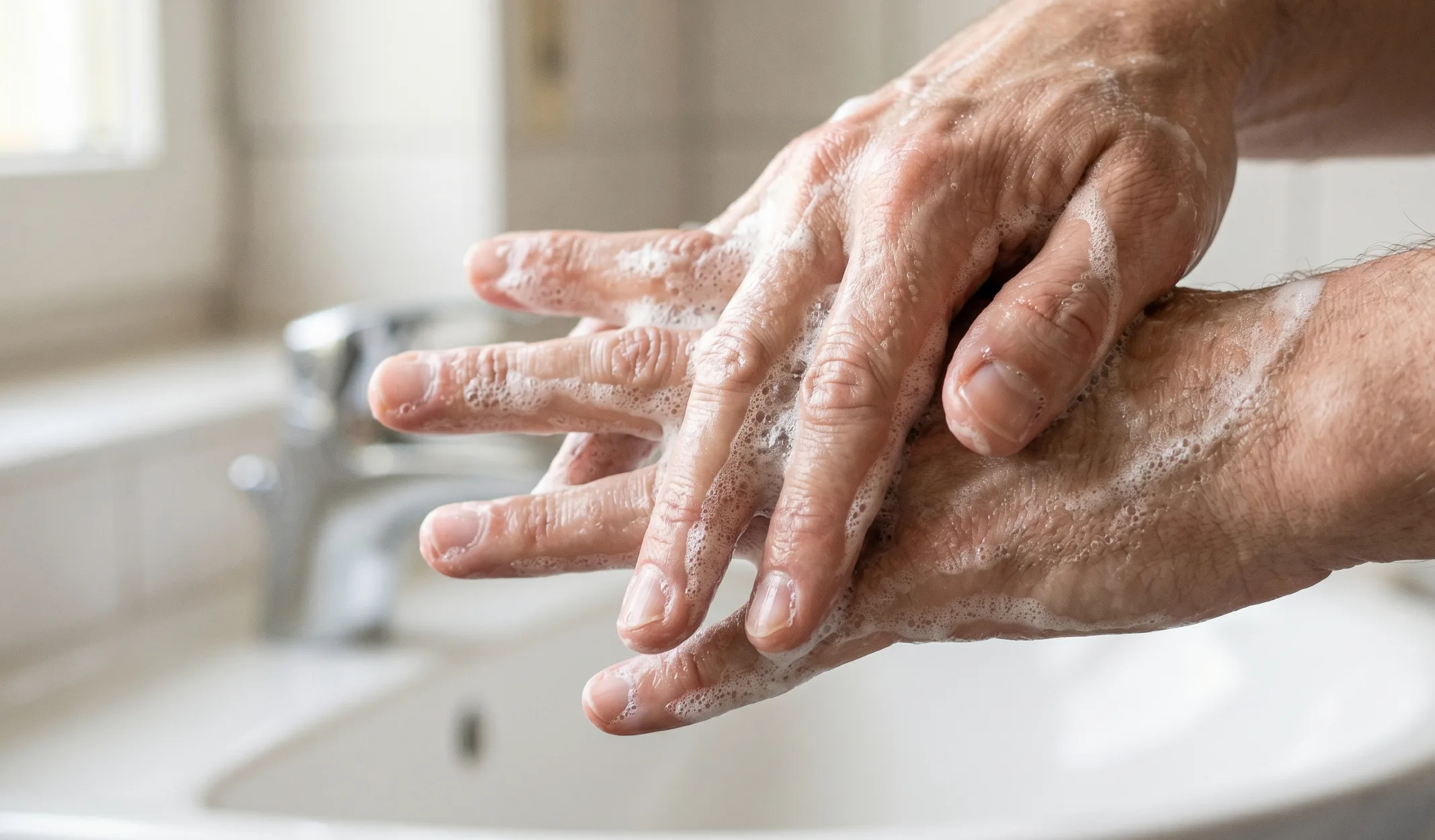 Hände beim Einreiben mit Seife zwischen den Fingern