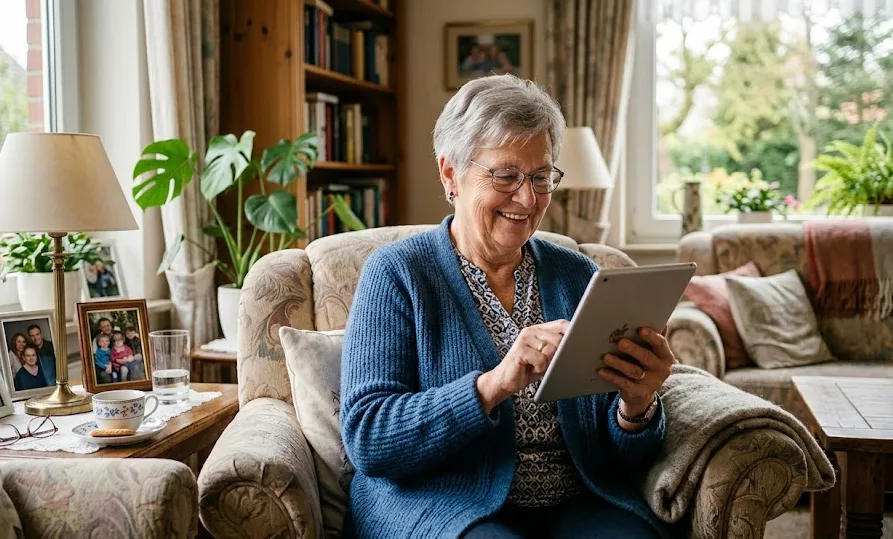 Seniorin nutzt ein Tablet im Wohnzimmer — Online-Verwaltung der Pflegebox