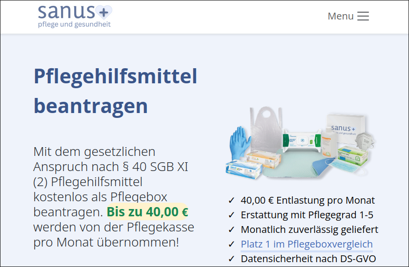 Screenshot sanus-plus.de vom Pflegebox Testsieger