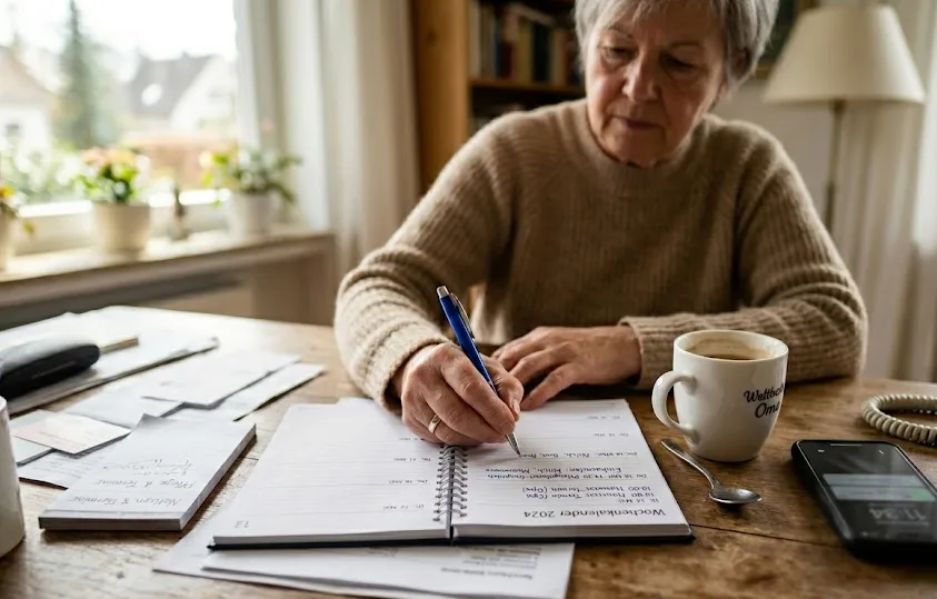 Pflegende Angehörige führt Pflegetagebuch zur Vorbereitung der MD-Begutachtung