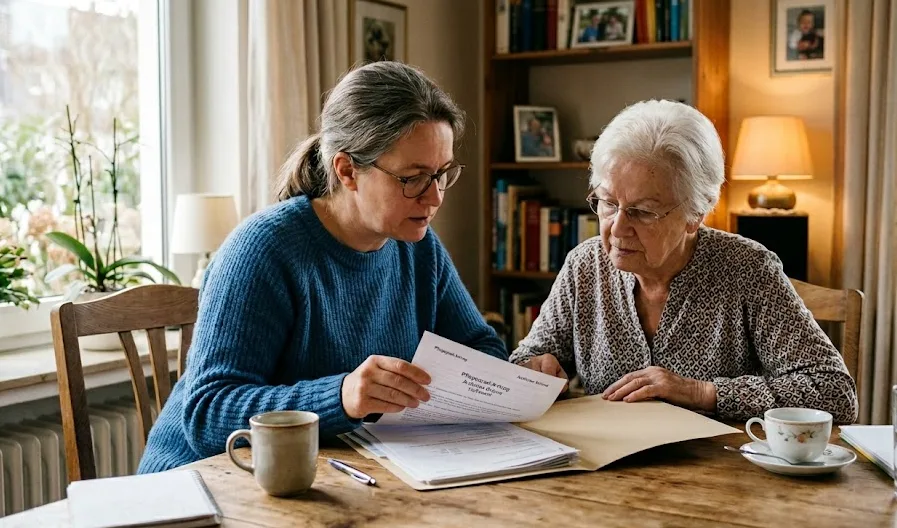 Pflegende Tochter mit älterer Mutter am Esstisch