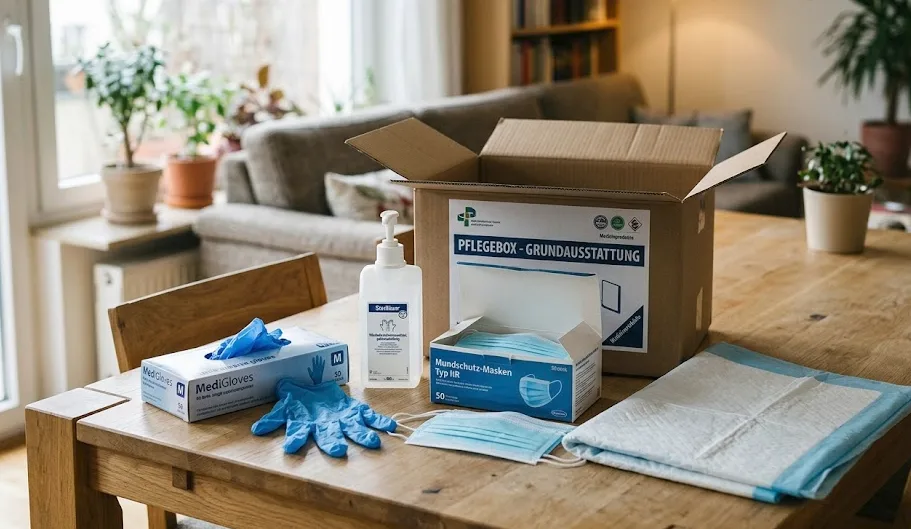 Geöffnete Pflegebox mit Pflegehilfsmitteln auf einem Tisch