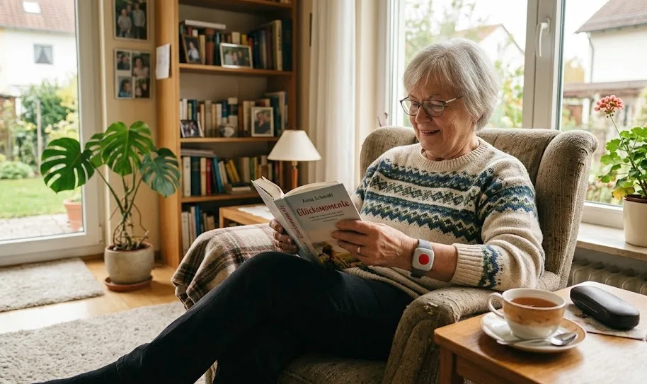 Hausnotruf seniorin wohnzimmer notrufarmband