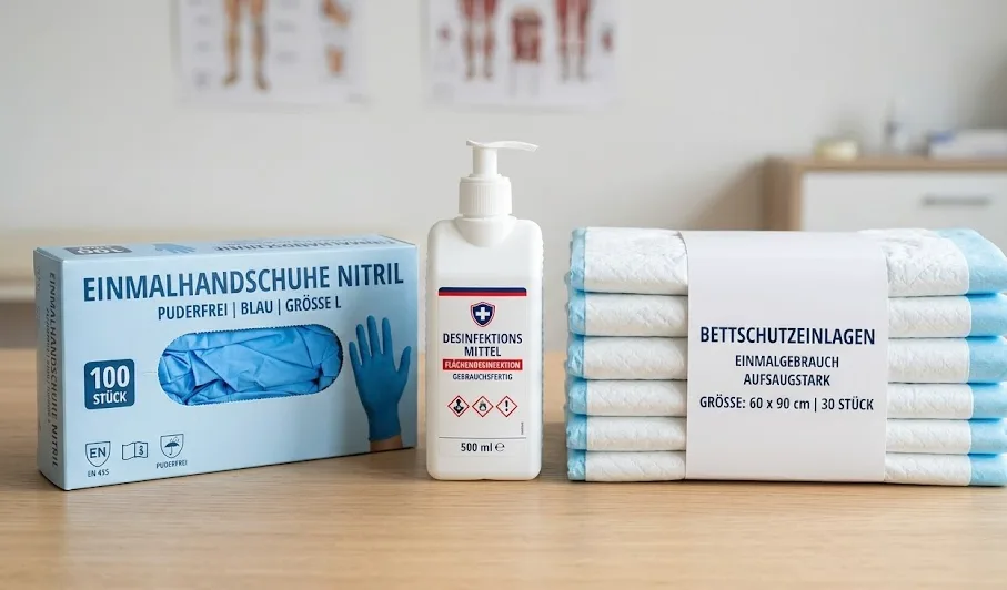 Übersicht verschiedener Pflegehilfsmittel zum Verbrauch