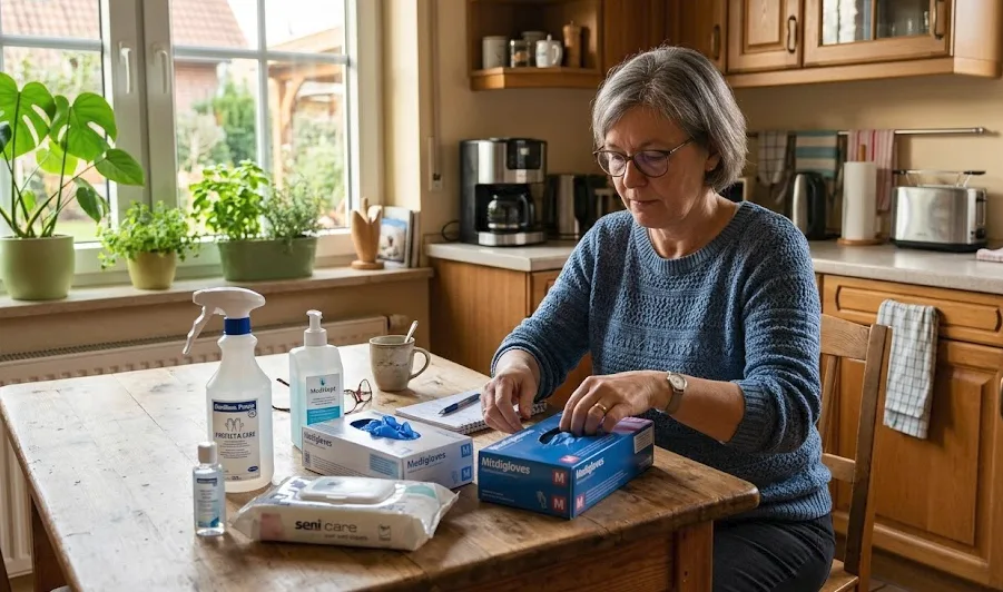 Angehoerige sortiert pflegehilfsmittel kuechentisch