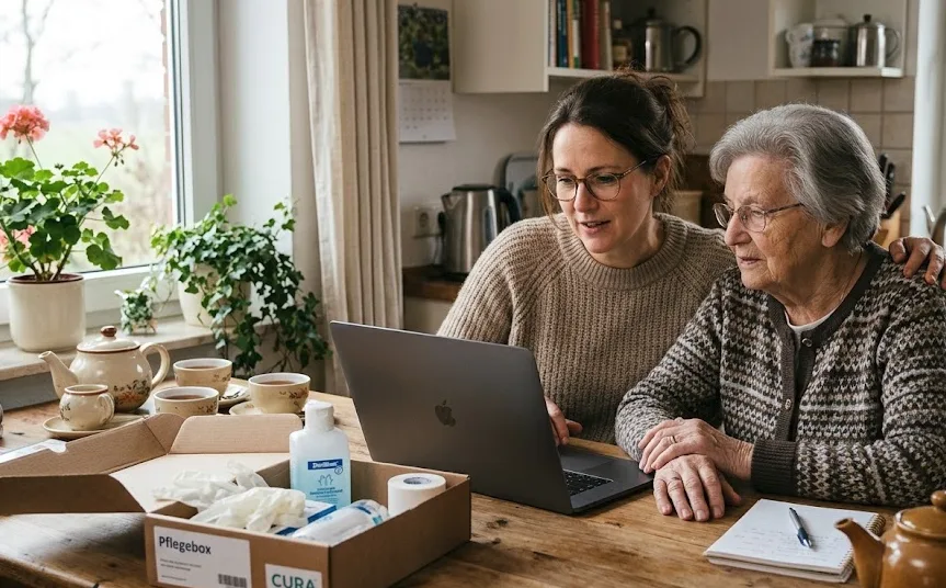 Tochter und Seniorin beantragen gemeinsam eine neue Pflegebox am Laptop