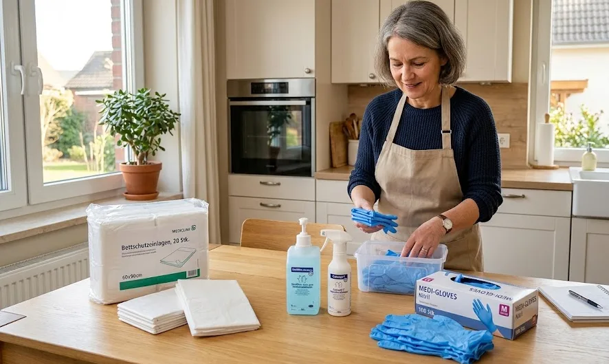 Frau mittleren Alters sortiert Einmalhandschuhe, Desinfektionsmittel und Bettschutzeinlagen auf einem hellen Küchentisch.
