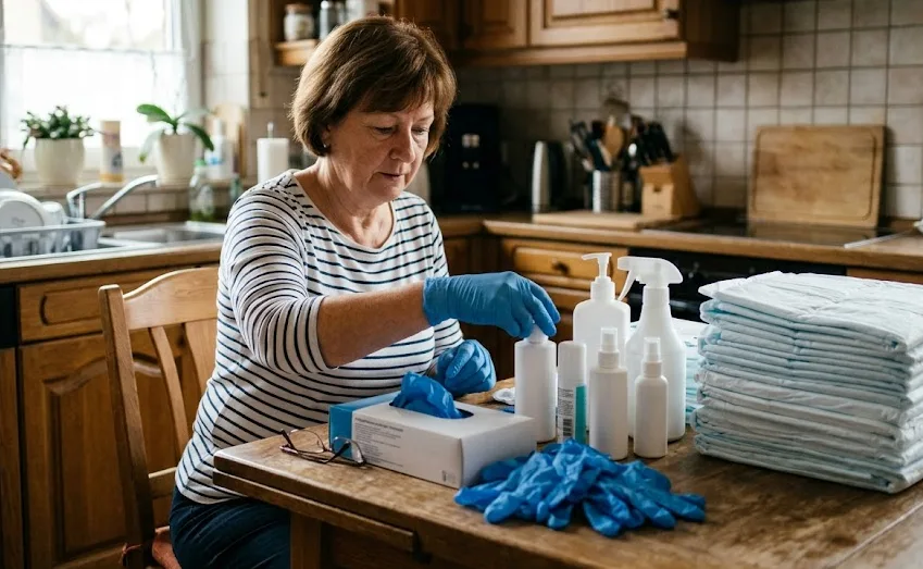 Pflegende Angehörige sortiert Pflegeprodukte auf einem Küchentisch, Einmalhandschuhe, Desinfektionsmittel und Bettschutzeinlagen