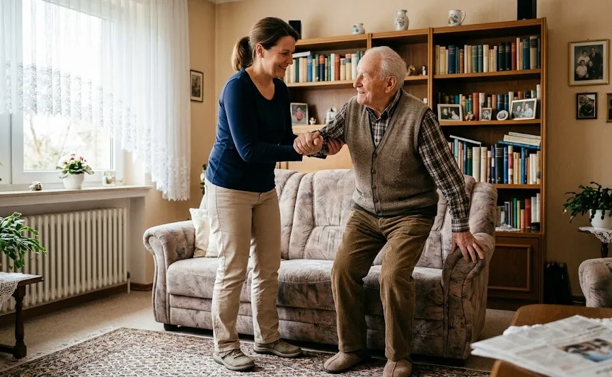 Pflegerin hilft einem älteren Herrn vorsichtig beim Aufstehen vom Sofa im Wohnzimmer