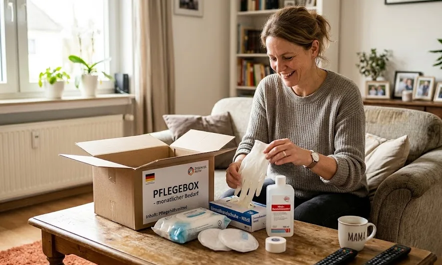 Angehörige packt Pflegebox im Wohnzimmer aus