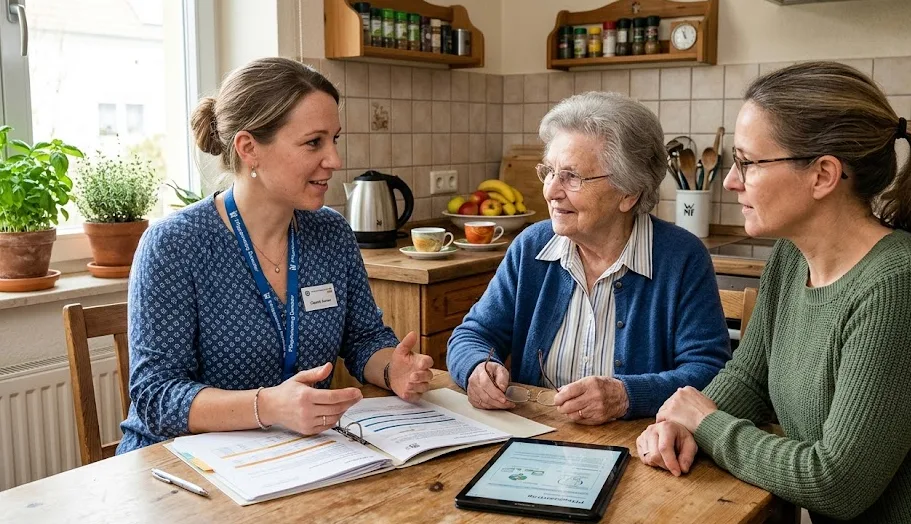 Pflegeberaterin im Gespräch mit Seniorin in der Küche