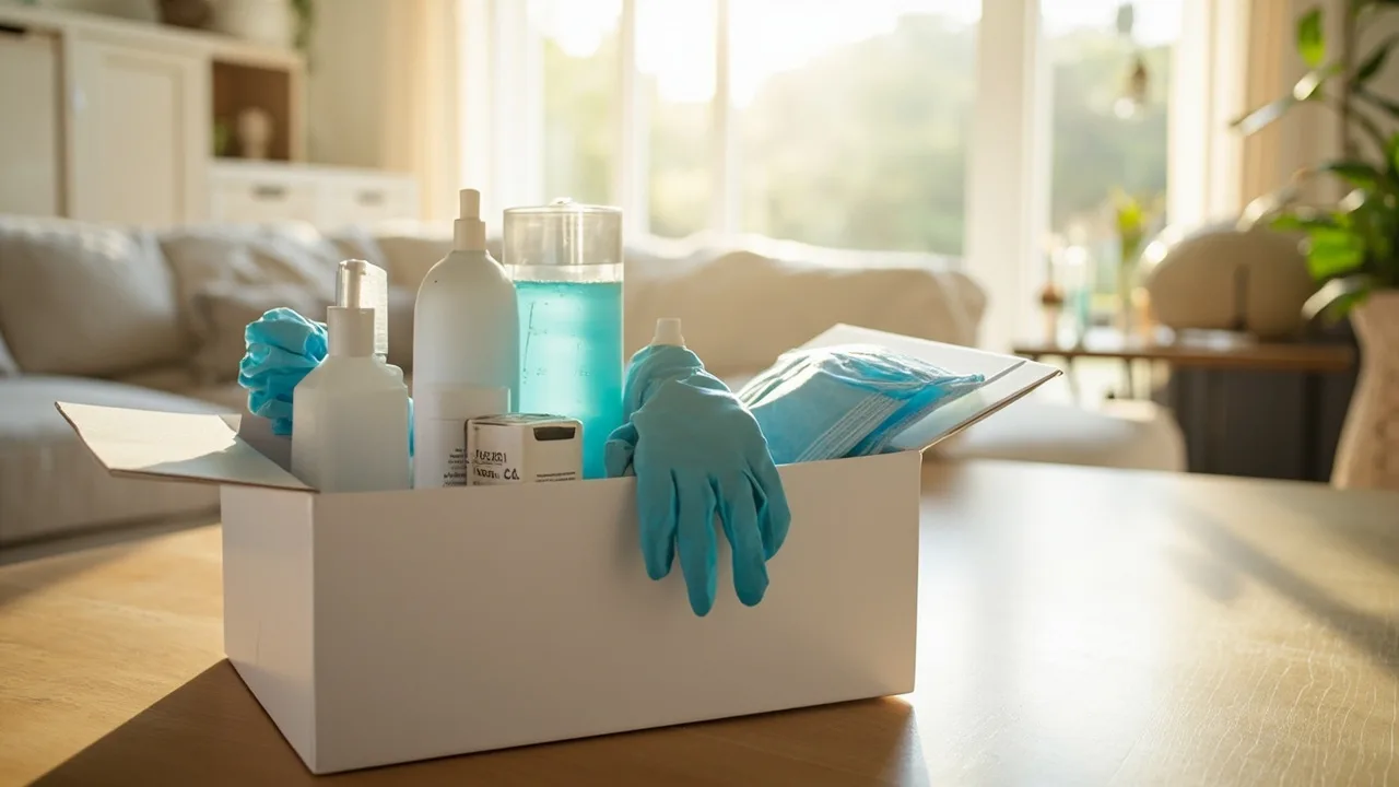 Ordentlich arrangierte Pflegebox auf einem hellen Apothekentresen, sichtbar: Einmalhandschuhe, Desinfektionsmittel, Mund