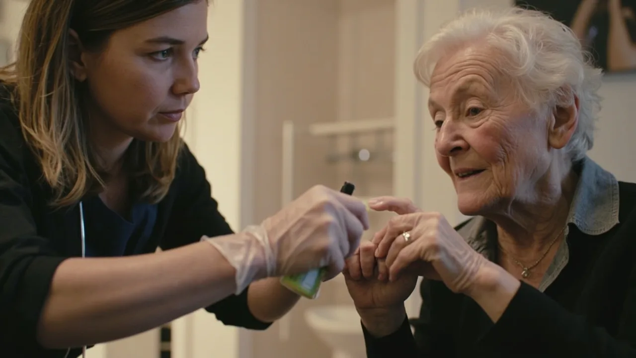 Pflegende Tochter und ältere Mutter schauen sich gemeinsam den Inhalt einer Pflegebox an. Häusliches Umfeld, warme natür