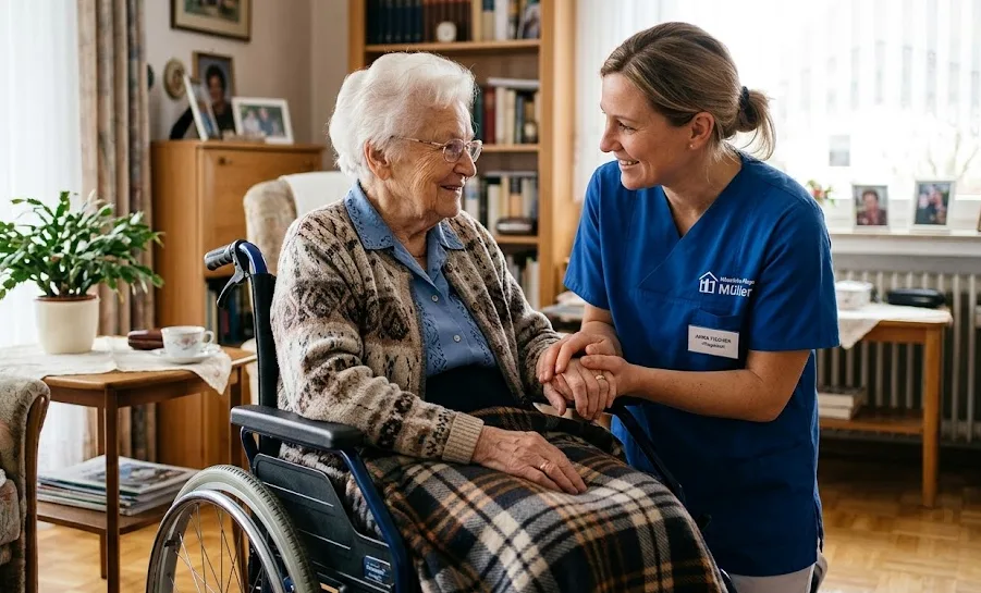 Pflegebedürftige Person mit Pflegerin